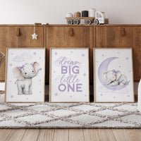 Elephant Nursery Prints: Purple Moon, Stars, Girl Room Decor