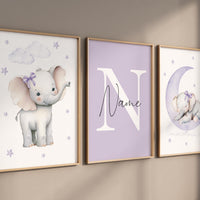 Lavender Elephant Nursery Wall Art – Personalized 3-Piece Set