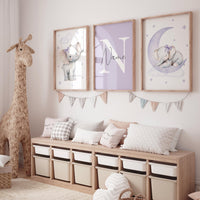 Lavender Elephant Nursery Wall Art – Personalized 3-Piece Set