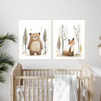 Watercolor Woodland Nursery Prints: Bear, Fox Set