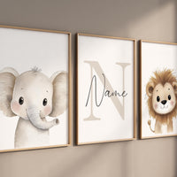 Safari Animal Nursery Prints: Watercolor Lion, Giraffe, Elephant Art (Set of 3)