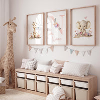 Giraffe & Elephant Nursery Art | Personalized Floral Name Print