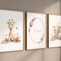 Floral Safari Nursery Art | Giraffe, Elephant, Personalized Print