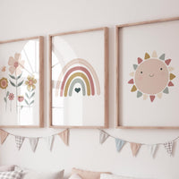 Rainbow Nursery Print: Earth Tone Flower & Sun Art