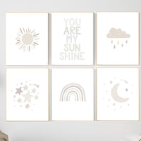 Neutral Nursery Prints Set – Beige Rainbow, Moon, Stars Wall Art
