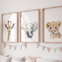 Safari Nursery Wall Art Prints, Giraffe Elephant Lion Nursery Decor