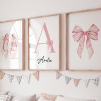 Blush Pink Ballet Nursery Wall Art Set, name print, Bow & Ballet Shoes