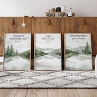 Mountain Nursery Art Print: Sage Green Forest, Bible Verse Decor