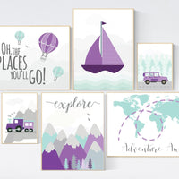 Adventure Nursery Prints: Purple Teal Mountain, Hot Air Balloon, World Map