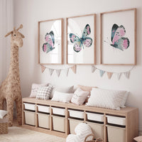 Butterfly Nursery Wall Art Set of 3 – Pink Teal Butterfly Prints