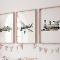 Vintage Vehicle Nursery Art Set of 3, Sage Green Car Airplane Train Prints