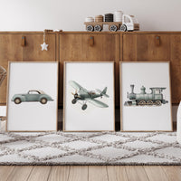 Vintage Vehicle Nursery Art Set of 3, Sage Green Car Airplane Train Prints