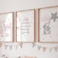 Pink Elephant Nursery Wall Art Set, Hot Air Balloon Prints