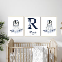 Penguin Nursery Wall Art Set of 3, Personalized Name Print