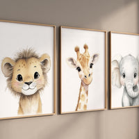 Safari Animal Nursery Prints: Watercolor Lion, Giraffe, Elephant Art (Set of 3)