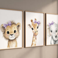 Baby Girl Nursery Wall Art Set, Safari Animals with Purple Bows