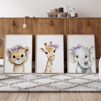 Baby Girl Nursery Wall Art Set, Safari Animals with Purple Bows