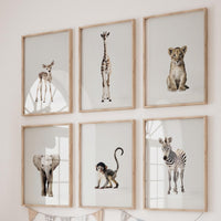 Safari Nursery Wall Art Set of 6 Prints, Neutral Baby Animal Prints