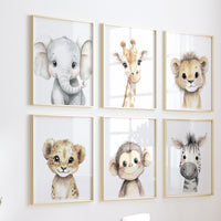 Safari Animal Nursery Prints: Watercolor Jungle Animals, Set of 6