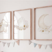 Neutral Moon Nursery Wall Art Set of 3, Star Cloud Prints