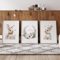 Personalized Bunny Nursery Wall Art Set of 3, Floral Rabbit Prints
