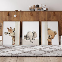 Peek a Boo Safari Animals Nursery Wall Art Set of 3, Giraffe Elephant Bear