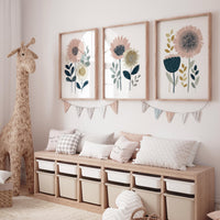 Blush Floral Nursery Wall Art Set of 3, Boho Flower Prints