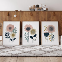 Blush Floral Nursery Wall Art Set of 3, Boho Flower Prints