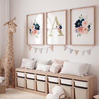 Blush Navy Floral Nursery Decor: Girl's Name Print