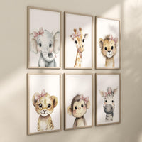 Girl Safari Nursery Wall Art Set of 6, Baby Animal Prints with Pink Bows
