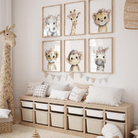 Girl Safari Nursery Wall Art Set of 6, Baby Animal Prints with Pink Bows