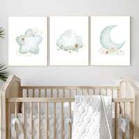 Mint Gold Nursery Decor: Stars, Moon & Cloud Wall Art