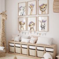 Girl Safari Nursery Wall Art Set of 6, Purple Bow Baby Animal Prints
