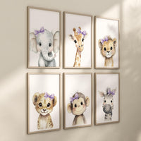 Girl Safari Nursery Wall Art Set of 6, Purple Bow Baby Animal Prints