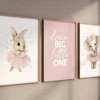 Ballerina Nursery Wall Art Set of 3, Bunny and Elephant Prints