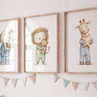 Pajama Animals Nursery Wall Art – Elephant Lion Giraffe Print Set, Baby Animal Decor