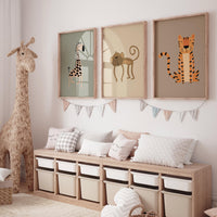 Safari Nursery Wall Art Set of 3, Earth Tone Animal Prints, Giraffe Monkey Tiger