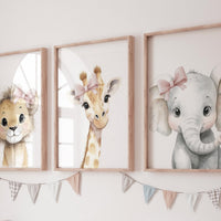 Baby Girl Nursery Wall Art Set, Safari Animals with Pink Bows