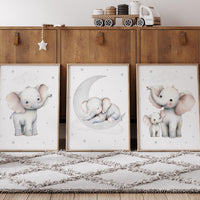 Elephant Nursery Wall Art Set of 3, Baby Elephant Prints, Moon and Stars