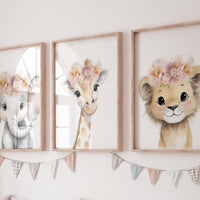 Girl Safari Nursery Wall Art Set of 3, Elephant Giraffe Lion Prints