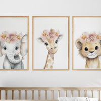 Girl Safari Nursery Wall Art Set of 3, Elephant Giraffe Lion Prints