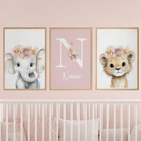 Personalized Safari Nursery Wall Art Set of 3, Elephant and Lion