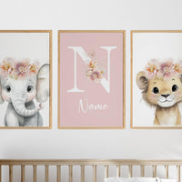 Personalized Safari Nursery Wall Art Set of 3, Elephant and Lion