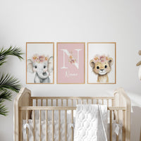 Personalized Safari Nursery Wall Art Set of 3, Elephant and Lion