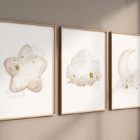 Neutral Moon Nursery Wall Art Set of 3, Star Cloud Prints