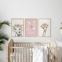 Personalized Safari Nursery Wall Art Set of 3, Elephant and Giraffe Prints