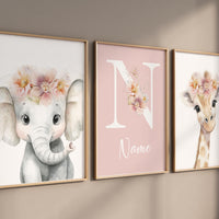 Personalized Safari Nursery Wall Art Set of 3, Elephant and Giraffe Prints