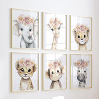 Girl Safari Nursery Wall Art Set of 6, Floral Baby Animal Prints