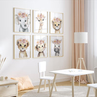 Girl Safari Nursery Wall Art Set of 6, Floral Baby Animal Prints