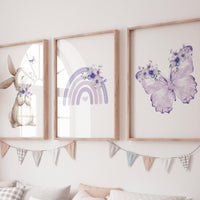Purple Nursery Wall Art Set of 3, Bunny Rainbow Butterfly Prints